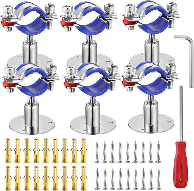 6PCS 304 Stainless Steel Wall Mount Ceiling Mount Pipe Supports,Suitable for OD Pipe 32-34mm,Adjustable Height 30-50mm,Adjustable Pipe Strap Clamp with Screws