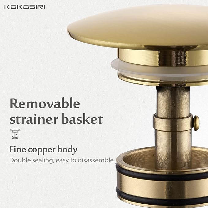 KOKOSIRI Pop Up Sink Drain with Strainer Basket, Brushed Gold Bathroom Sink Drain with Detachable Hair Catcher Anti Clogging for Vanity Vessel Sink Without Overflow, C1002BG