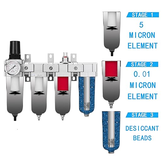 NANPU 1/2" NPT Industrial Grade 4 Stage Air Drying System - Double Particulate Filters, Coalescing Filter, Desiccant Dryer & Air Regulator, Metal Bowl, Auto Drain, for Paint Spray＆ Plasma Cutter