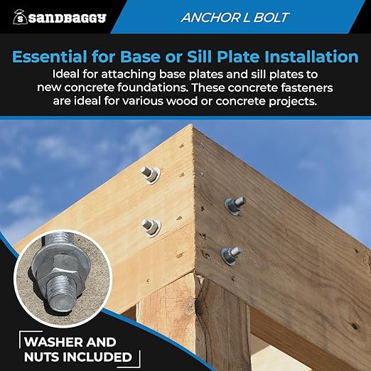 Sandbaggy 3/4" x 24" Threaded Concrete Anchor L-Bolts (Nuts & Washers Included) - Hot Dipped Galvanized - Sill Plate, Base Plate, Masonry, Wood, Cement Anchors, J Bolt (40, 3/4" x 24")