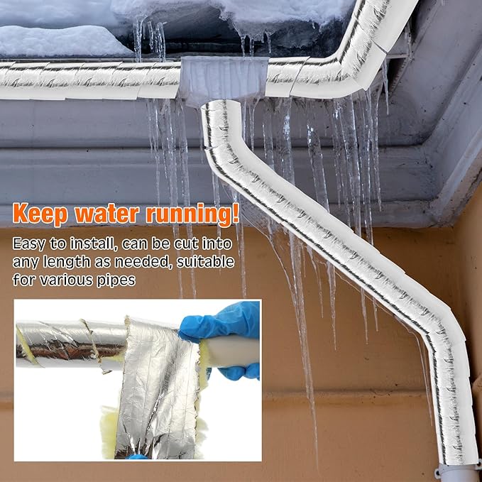 32 ft Pipe Insulation Foam Tape, 32 ft Foil Electric Pipe Hose Wrap, 6ft Heating Cable Automatic Electric Heat Kit Built in Thermostat for Outdoor Winter Hot Cold Water Pipe