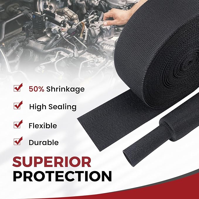 Heat Shrink Wire Loom 2:1 Shrinkable Braided Cable Sleeve 1/4 Inch ID-46ft Abrasion Protection Flexibility Fabric Wiring Harness Cover Sheath