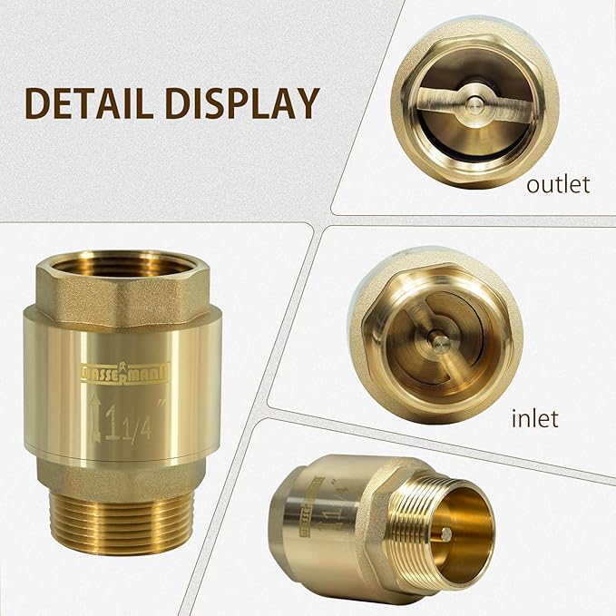 Wassermann 1-1/4" Brass Check valve 1.25“ NPT water Check Valve for submersible well pump 1.25 NPT inlet x 1.25 FNPT Outlet Suitable For Well Pump Irrigation System Water Supply System