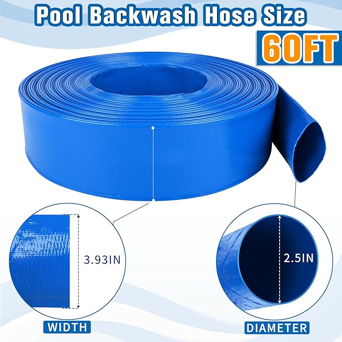2.5 IN x 60FT Pool Backwash Hose Heavy Duty Drain Discharge Double PVC Layflat Hose with 2 Clamps, Weatherproof Burst Resistant for Water Transfer, Sump Pump, Pool Filter, Pool Drain (18.3M, Blue)