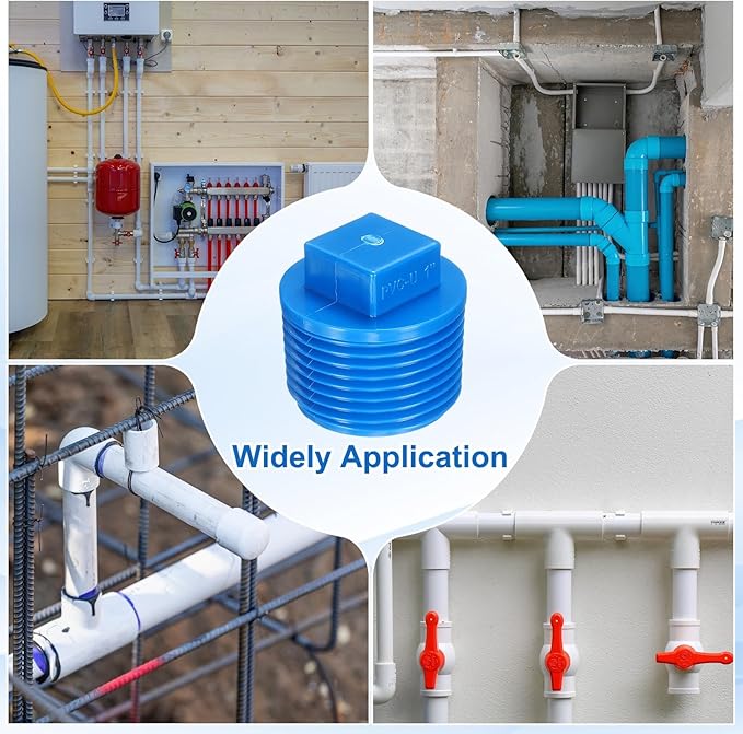 uxcell 5Pcs 1 Inch PT Male Thread PVC Pipe Fitting Plug, Cleanout Plugs, Water Drain End Caps Coupling Adapter with Tape for Water Heater Supply Lines, Plumbing, Blue