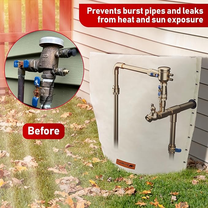 Redford Supply Co. Cold Snap (5°F) Backflow Preventer Insulation Cover, 3-Way Custom, 16"W x 20"H, Pipe Insulation, Water Sprinkler Covers for Outside, Sprinkler Backflow Cover for Winter (Beige)