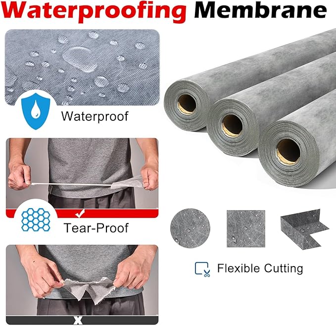 Waterproofing Membrane Anti-Fracture Fabric for Bathroom Shower Walls and Tile Underlayment, Prevents Water Seepage Over Concrete Foundations