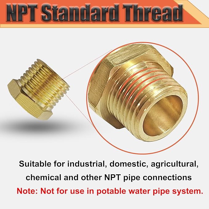 Brass 3/4" NPT Male to 1/2" Female Reducer Bushing, Brass Pipe Hex Bushing NPT Male to Female Pipe Fitting Adapter for Reduce Pipe (3/4”mnpt-1/2”fnpt)