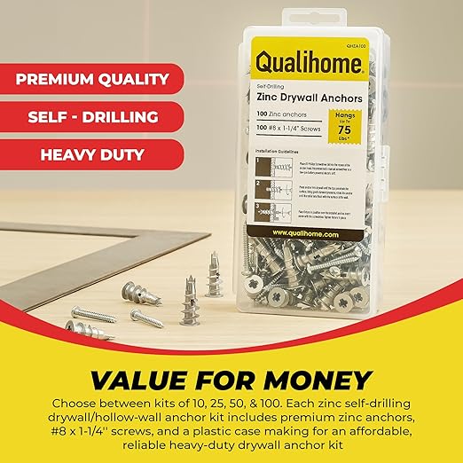 Qualihome Zinc Self Drilling Drywall Anchor Hollow Wall Anchor Kit With Screws - Metal Self Drilling Drywall Anchors With Wide Screw Fins - #8 Zinc Drywall Anchors Heavy Duty (100 Pack)
