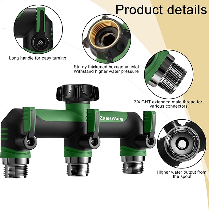 Full Flow Heavy Duty 3 Way Hose Splitter, Rugged Garden Faucet Adapter, Spout Diverter T - Way Adapter with Extended Handle, 3/4” GHT Thread, Green