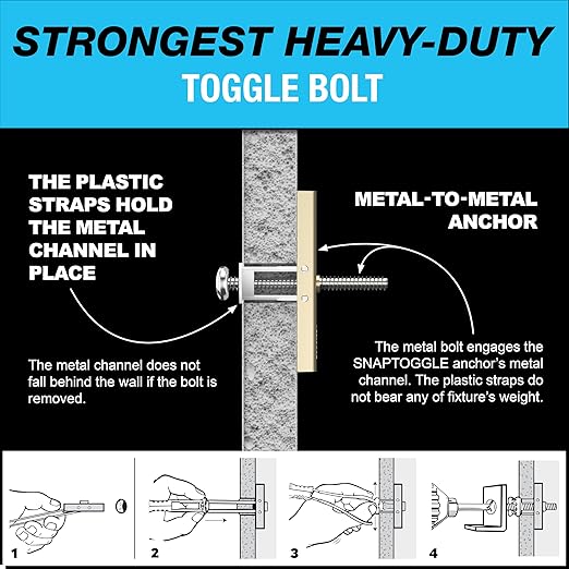 TOGGLER SNAPTOGGLE Heavy-Duty Drywall Toggle Bolt – 3/16"-24 UNC Zinc-Plated Anchor for Hollow Walls, Plaster & Tile – Holds 238 lbs in 1/2" Drywall, Easy Install – 100 Pack (W/Roundhead Bolts)
