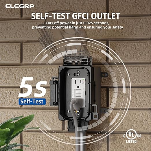 ELEGRP Outdoor GFCI Outlet with in Use Cover and Box Kit, 1 Gang, 15 Amp TRWR Self-Test GFI Receptacle, Extra Duty Metallic Electrical Outlet Box, Lockable in Use Cover, UL Listed, White, 1 Pack