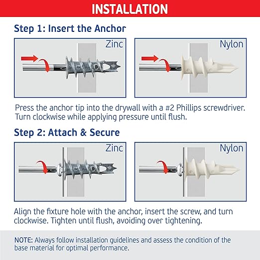 Plaster Bite Self-Drilling Drywall Anchor Kit Includes 50 Nylon & 50 Zinc Anchors w/ 100 Screws – Heavy DutyHollow Wall Anchor Kit for 3/8", 1/2", 5/8" Drywall – 75 lbs Holding Strength