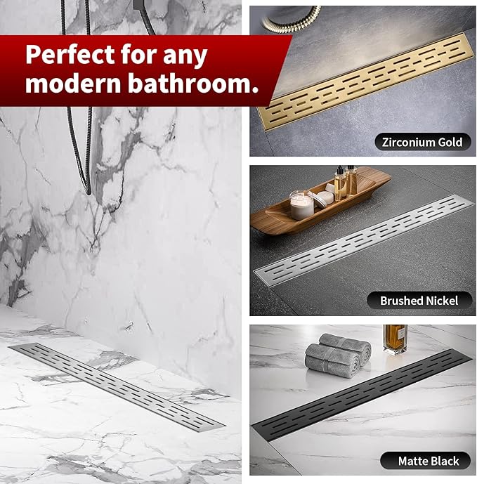 Sharp-tec Linear Shower Drain, 32 inch Shower Drain with Removable Pattern Cover, Brushed Nickel 304 Stainless Steel Rectangle Floor Drain, Adjustable Feet and Hair Strainer Included (Model 101)