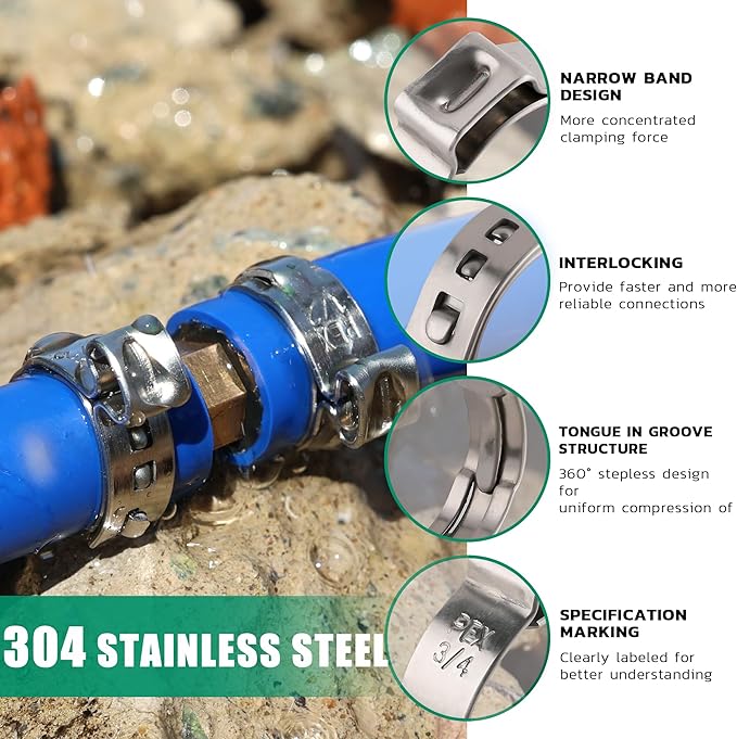130 Pack 5/8 Inch Pex Clamps,304 Stainless Steel Pex Cinch Clamps Stepless Pex Crimp Rings PEX fittings Pinch Clamps,Single Ear Hose Clamps for Pex Tubing Pipe, Silver