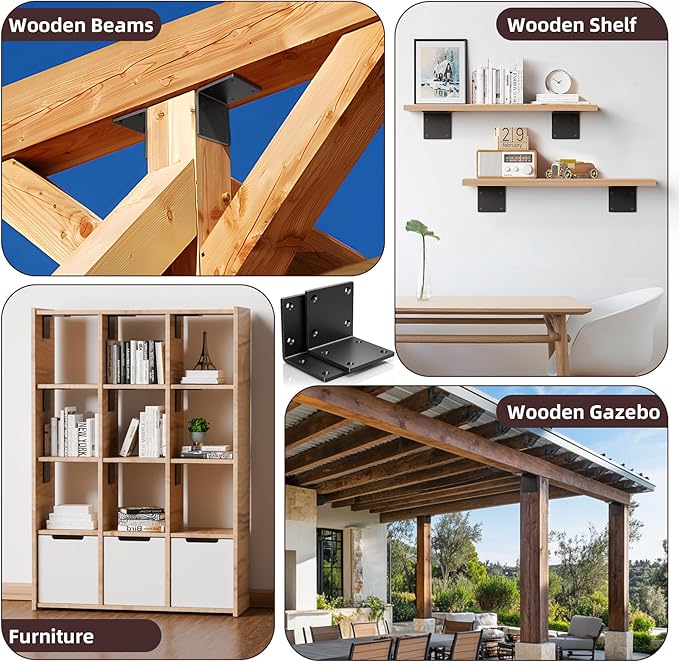 6" X 6" X 5" Heavy Duty Steel L Angle Bracket for Wood, Large 90 Degree Corner Shelf Support Bracket, 6x6 Post to Beam Connector, Thickness 1/4"(6mm), Max Load 300lbs-4 Pcs