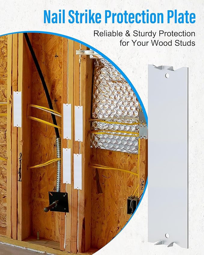 30 Pack Nail Protection Shield for Wood Studs, 6 x 1.5 Inch Cable Wire Protector, Metal Anti-Nail Plates with Pointed Prong for Plumbing & Wiring Protection