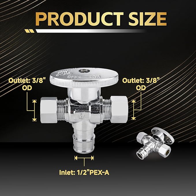 30-Pack Foskan Dual Outlet Angle Stop Valve,1/4 Turn Shut off Valve,1/2" PEX-A x 3/8" OD x 3/8" OD,Chrome Plated Brass