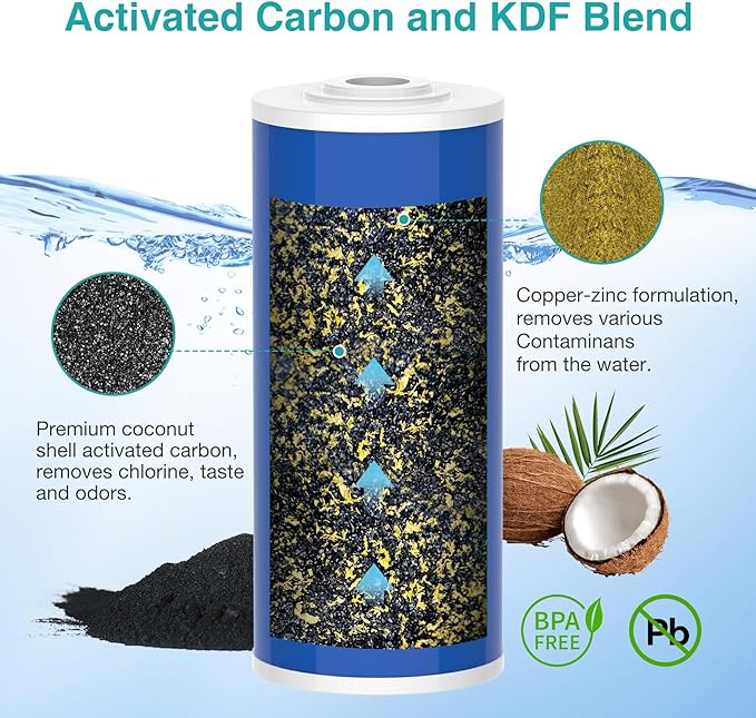 SimPure Whole House Water Filter Cartridges 5 Micron 10" x 4.5" CTO+GAC/KDF 2-Stage Carbon and Heavy Metal Filter Set, for DB10C-2KDF, DB10P, WGB21B-KS, FC15B, FG15B-KS, 1 Set