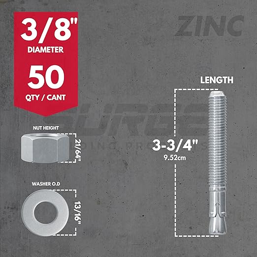 3/8" x 3-3/4" Zinc-Plated Wedge Anchors for Concrete and Cement | Heavy-Duty 3/8 Concrete Anchors (Box of 50)