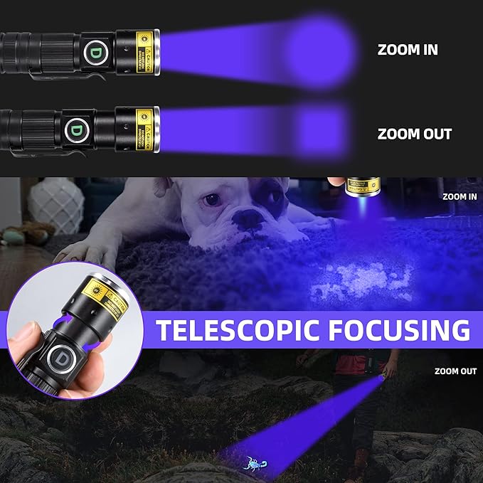 DARKDAWN UV 365nm Black Light Flashlights USB Rechargeable, Wood's Lamp Ultraviolet LED Portable Mini, Blacklight for cat Urine Detection Dry Stains, Uranium Glass, Leak Detection, D15 365 nm