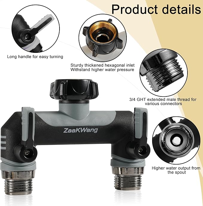 Full Flow Heavy Duty Two - Way Hose Splitter, Rugged Garden Faucet Adapter, Spout Diverter T - Way Adapter with Extended Handle, 3/4” GHT Thread, Grey