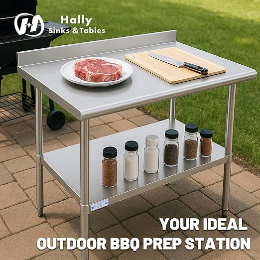 Hally Stainless Steel Table for Prep & Work 14 x 60 Inches, NSF Commercial Heavy Duty Table with Undershelf and Backsplash for Restaurant, Home and Hotel