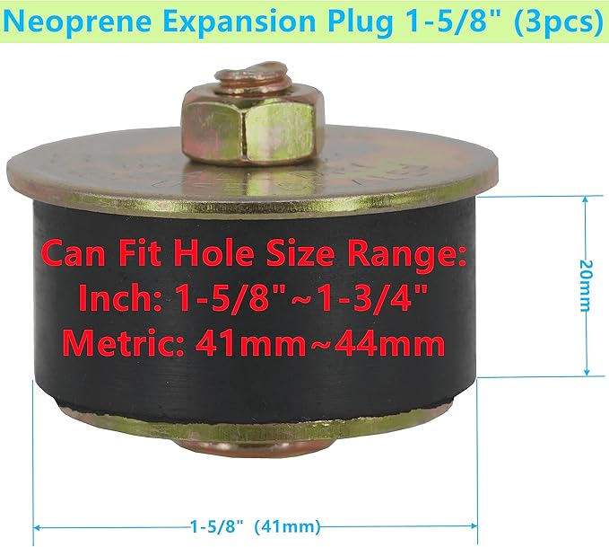 3 PCS Automotive Rubber Expansion Plug (1-5/8 Inch to 1-3/4 Inch) 41mm - 44mm, Neoprene Expansion Plug