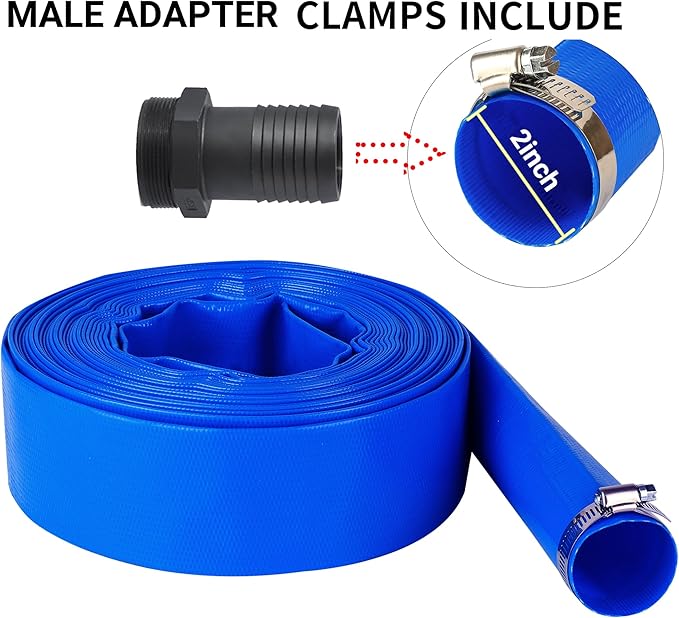 2" (Flat 3.4’’ width) x 100 FT Pool Backwash Hose Kit with Male NPT Adapter, Blue Reinforced Pool Drain Discharge Hose for Swimming Pool Filter Pump,with 2 Clamp and Thread Seal Tape