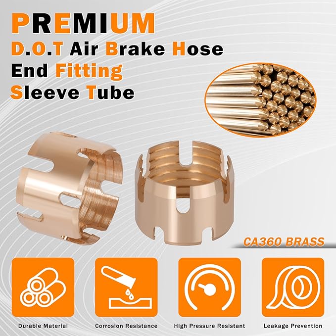 24PCS 3/8" DOT Air Brake Hose End Fitting-Brass Sleeve Tube for Hose End Connector,Sleeve Repair Tube for Air Hose Braking System Air Brake Fittings