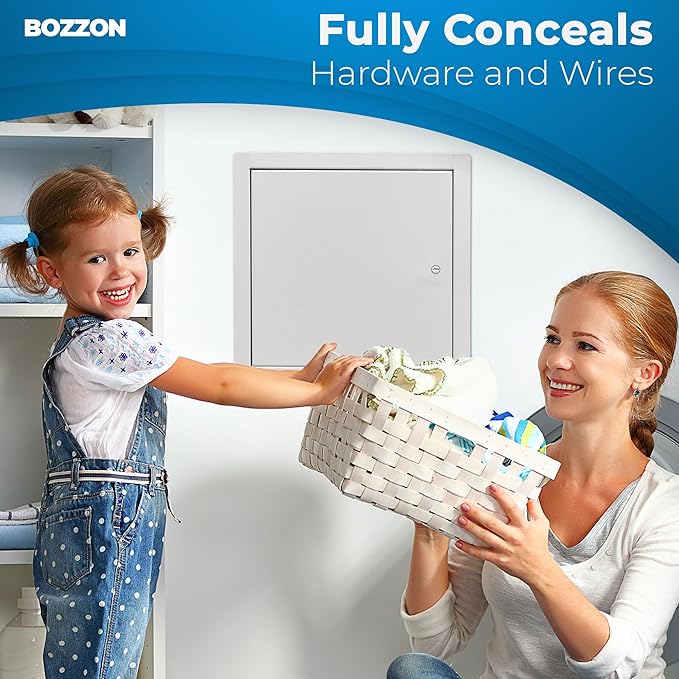 BOZZON Access Panel for Drywall 10 x 10 inch – Metal Door with Screwdriver Latch, 18 GA Steel Frame, Wall Hole Cover, Plumbing Access Door, White