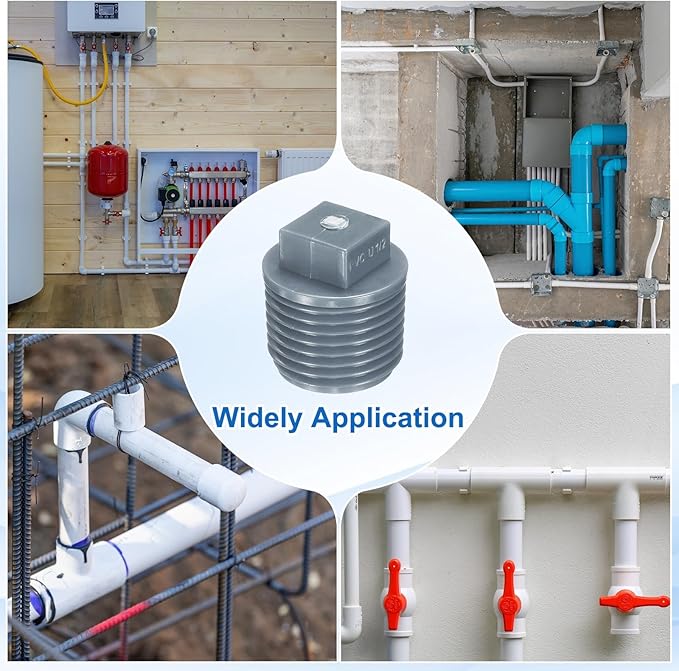 uxcell 5Pcs 1/2 Inch PT Male Thread PVC Pipe Fitting Plug, Cleanout Plugs, Water Drain End Caps Coupling Adapter with Tape for Water Heater Supply Lines, Plumbing, Gray