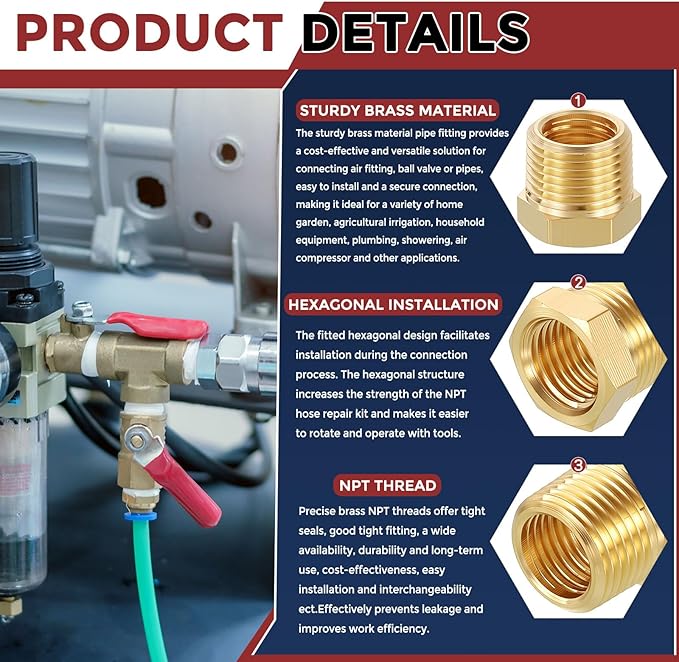 Pack of 1, 3/8" NPT Male to 1/8" NPT FeMale Solid Brass Hex Bushing, Hose Fittings Adapter Threaded Reducer Heavy Duty for Pipe Leak Repair, Bathroom Remodel, Compression