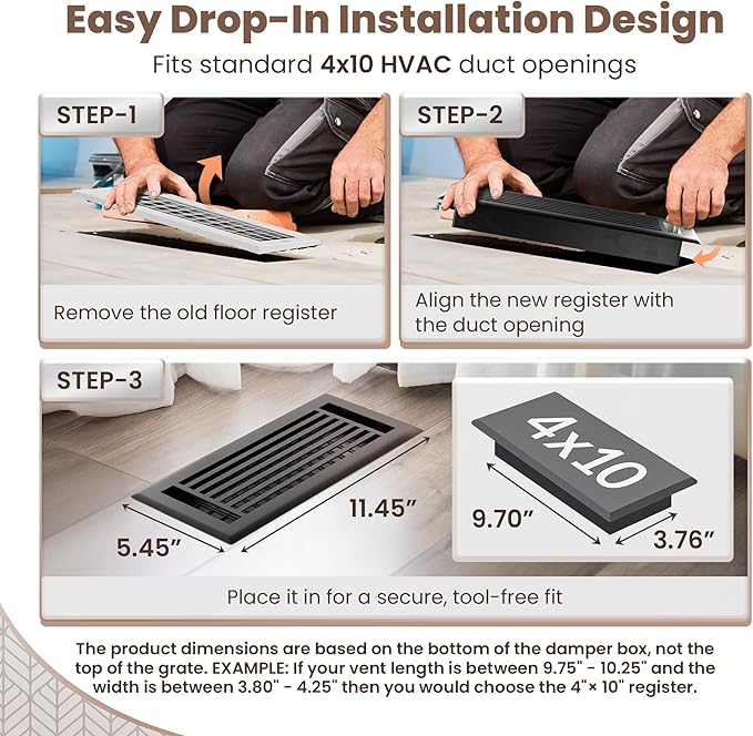 Floor Register 4x10 Vent Cover – 2 Pack – Heavy-Duty Steel, Rustproof & Walkable Grates, Drop-in Install, Adjustable Air Supply Switch - Decorative Straight Line Design, Textured Black