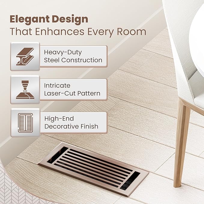 Floor Register 4x10 Vent Cover – Heavy-Duty Steel, Rustproof & Walkable Grates, Easy Drop-in Install, Adjustable Air Supply Switch - Decorative Straight Line Design, Satin Bronze