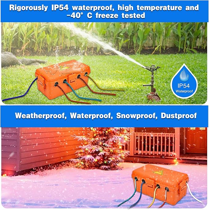 Hrensaw Medium Outdoor Electrical Box(10.6x5.5x4.5inch),Weatherproof Connection Box w/6 Cable Entry,IP54 Waterproof Extension Cord Cover Protect Power Strip,Timer,Plug,Holiday Lights,Orange