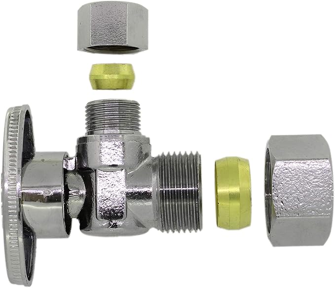 Angle Stop Valve 5/8" OD (1/2" Nominal) Compression x 3/8" OD Compression- Chrome Plated Brass ¼ Turn Angle Valve For Water Pipes, Toilets, Sinks- Lead-FreeWater Shut Off Valve, 5 Pack