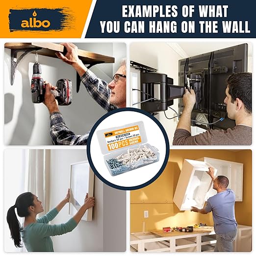 ALBO #8-100 pcs Self Drilling Drywall Anchor Set Hollow Wall with Screws (White Anchor 50pcs + Screws 50pcs) Plastic E-Z Ancor Kit