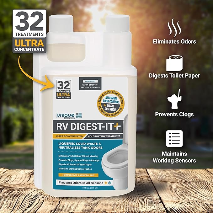 Unique RV Digest-It Ultra RV Toilet Treatment, 64 Uses - Eliminates Smells and Liquifies Waste, Easy-Measure Preventive Holding Tank Treatment, Package May Vary (32 oz, Pack of 2)