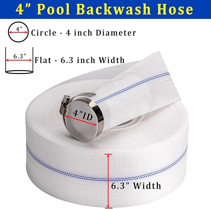Pool Backwash Hose 4” × 65 ft Fiber Reinforced Discharge Hose General Purpose Flexible Lightweight Lay Flat Pump Drain Pipe Hose for Water Transfer (4in-65ft, Anti-abrasion)