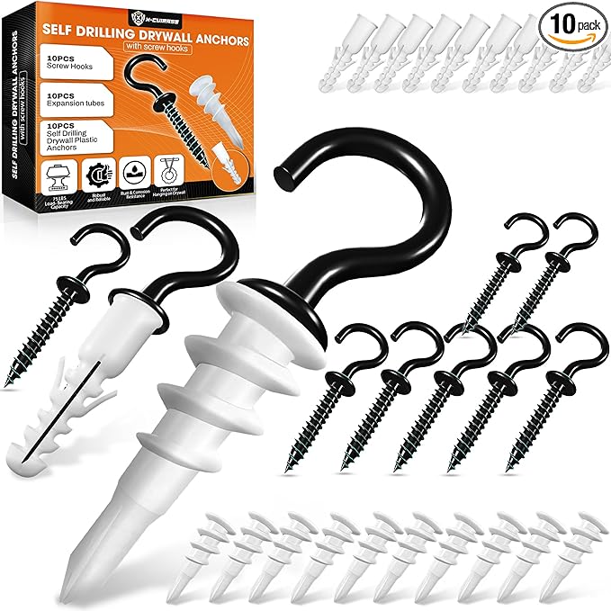 [Upgraded] 10 PCS Screw Hooks with Self-Drilling Drywall Anchors, Plastic Expansion Tubes Included, Heavy Duty Eye Hook, Screw in Hook for Hanging Plants, String Lights, Cup, Key