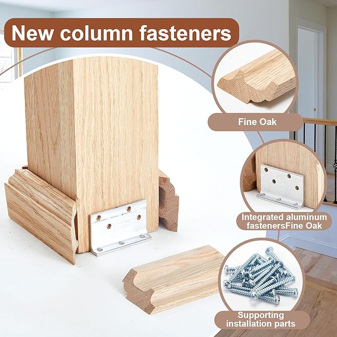 Blulu 2 Set 3-1/2" Newel Post Mounting Kit 8 Pcs L Bracket Metal Post Anchor with 8 Pcs Red Oak Wood Trim Deck Base Fasteners for Fastening Handrails Balustrades to Stairs and Floors