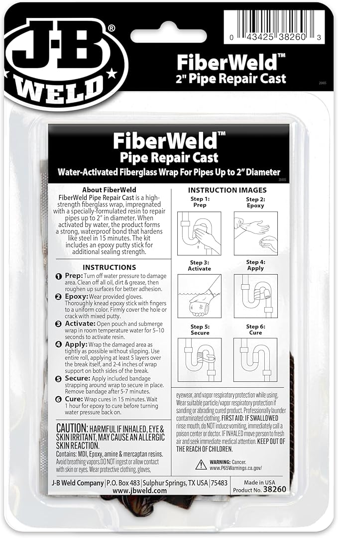 J-B Weld FiberWeld 2” Pipe Repair Cast 2x60 Inch - High Strength Adhesive Fiberglass Wrap - White (38260)