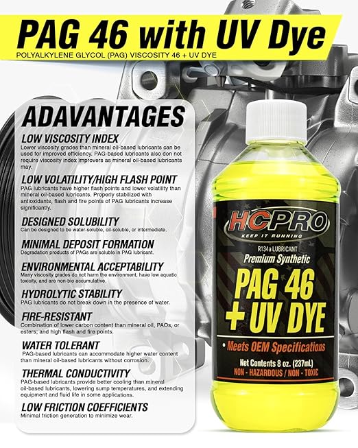 HCPRO PAG 46 UV Dye A/C Compressor Oil – High-Viscosity Leak Detection Lubricant for Auto A/C Systems, Professional-Grade PAG 46 Lubricant for Compressor Protection & System Maintenance (12)