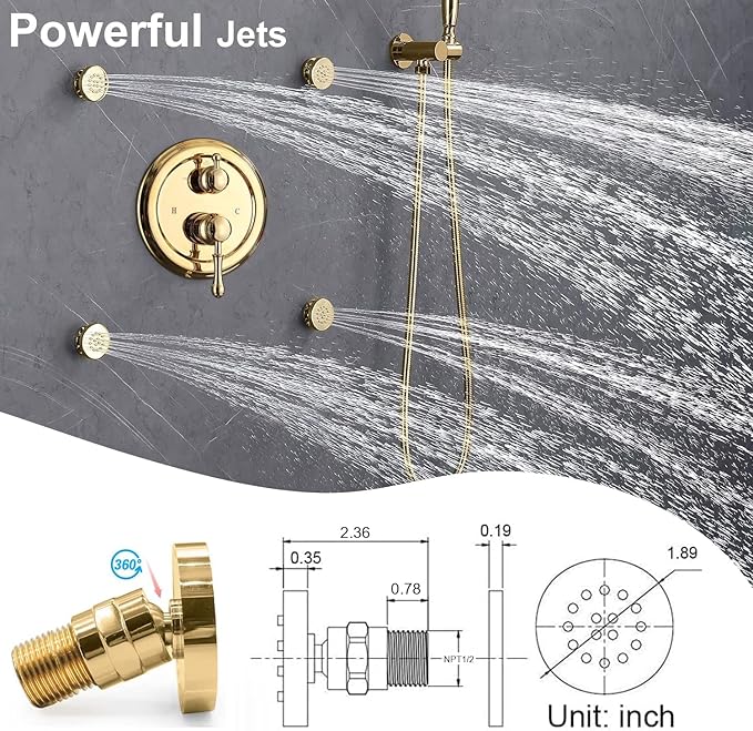 Enga Antique Shower Faucet Sets Dual Heads with 4 Body Jets, 8" + 6" Ceiling & Wall Mount Vintage Shower Head with Handheld Spray Combo, 4 Way Diverter Brass Valve, Bright Gold