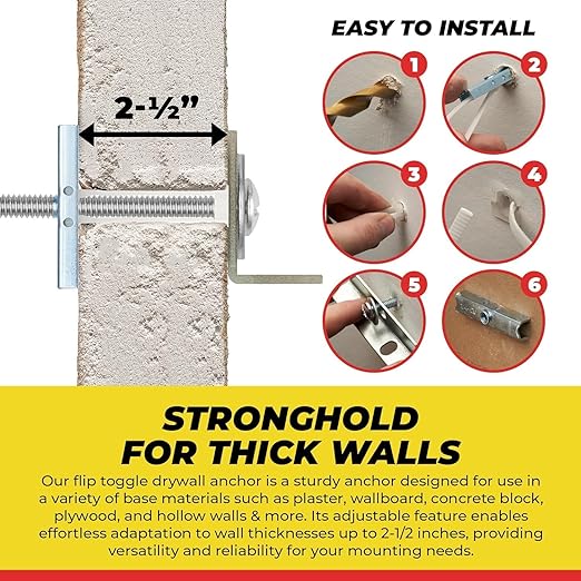 1/4”-20 Quick Easy Heavy Duty Toggle Anchors with Bolts - Hollow Wall Anchors with Steel Wings, Adjustable Up to 2 1/2" Thick Wall, Holds Up to 1080 Lbs, Heavy Duty Drill Bit Included (6 Pack)