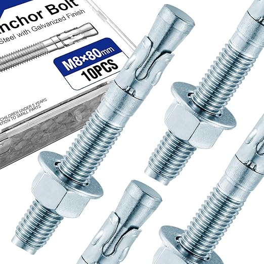 10Pcs 5/16" × 3-1/8" Concrete Anchor Bolts, Zinc Plated Carbon Steel Wedge Anchors for Cement, Brick, and Masonry