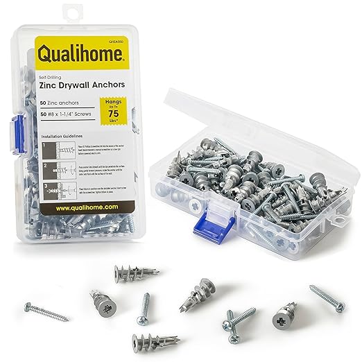 Qualihome Zinc Self Drilling Drywall Anchor Hollow Wall Anchor Kit with Screws - Metal Self Drilling Drywall Anchors with Wide Screw Fins - #8 Zinc Drywall Anchors Heavy Duty - 50 Pack - 75 Lbs