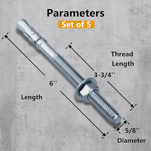Party Animals 5/8 x 6 Inch Wedge Anchor, 5 PCs Zinc-Plated Industrial Anchor Bolts for Cement, Concrete