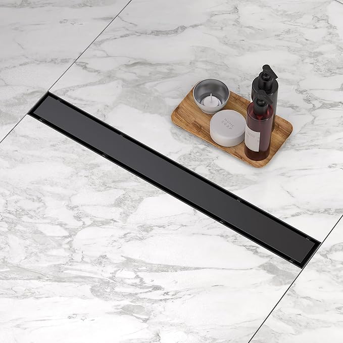 Linear Shower Drain, Linear Drains .30 Inch Shower Trench Drain with 2-in-1 Flat Cover & Inser Cover,304 Stainless Rectangle Steel Shower Floor Drain with Hair Strainer and Leveling Feet(Black, 30 in)
